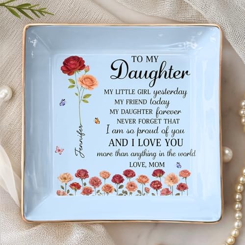 To My Daughter Jewelry Dish, Custom Jewelry Tray for Mothers Day, Daughter Gifts from Mom, Ceramic Ring Dish with Birth Month Flower, 1st Mother's Day Birthday Gifts for Daughters - color: Style 5