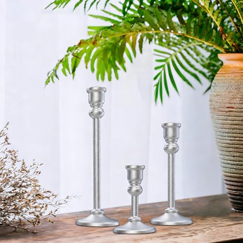3-Piece Metal Candle Holders Set - Heavy Duty Alloy Taper Candlesticks for Table Centerpiece, Christmas, Dinner Party, Vintage Home Decor - 5-7.5 -10.3Inch Tall, Antique Gold Finish (Silver) - color: Silver