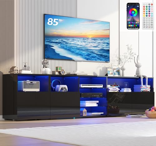 jiteentarou 79IN LED TV Stand for 75/80/85inch TV,High Glossy Modern TV Stand for Living Room,TV Entertainment Center with Adjustable Storage Shelf,RGB LED Lighting,TV Console(Black) - color: Black