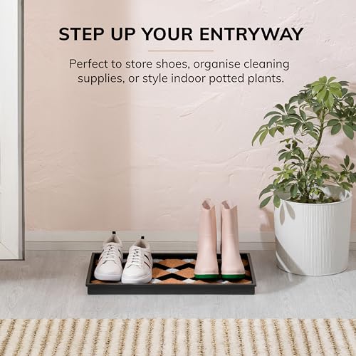 Anji Mountain Heavy Duty Waterproof Rubber Shoe Storage Mat Organizer/Boot Storage Tray Multi Use for Entryway with Coir, Tan and Ivory Insert, Fits 2 Pair (24.5" Wide) - color: Tan and Black Chevron Insert, size: 24" x 14" x 1.5"