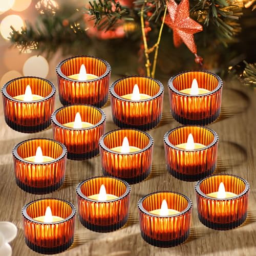 JOYIT Amber Votive Candle Holders Bulk Set of 24, Tealight Candle Holder for Wedding Table Centerpiece, Glass Small Candle Holders for Birthday Party, Valentine's Day, Home Decor (2''X 1.4'') - color: Amber