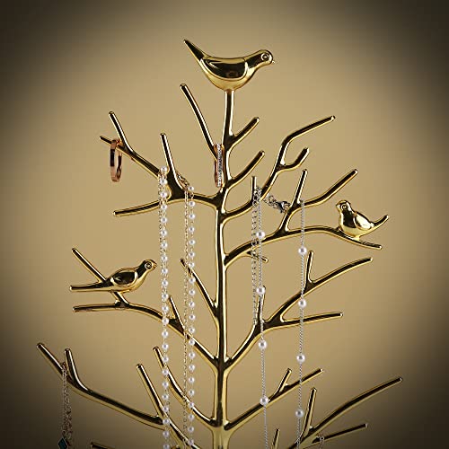 MORE&LESS Branch Jewelry Rack with metal tray,Luxury color,Tree Tower Rack Hanging Organizer for Ring Earrings Necklace Bracelet,Suitable for living rooms, bathrooms,offices,etc. - color: A Brass-Metal Tray