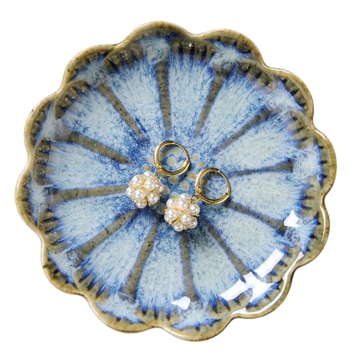 Lotus Ring Holder Dish Small Indoor Ash Tray, Ceramic Dessert Plate Trinket Jewelry Holder Organizing Necklace Earrings for Parents Friends Sister, All Jewelries Are NOT Included, Retro Blue. - color: Retro Blue-Round