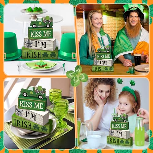 Yuntau 4 Pcs St Patricks Day Decorations Lucky Shamrock Wooden Sign Truck Table Centerpiece St Patricks Day Tiered Tray Decor Decorative Faux Book Stack Block for Fireplace Mantel Floating Shelf - style: Shamrock