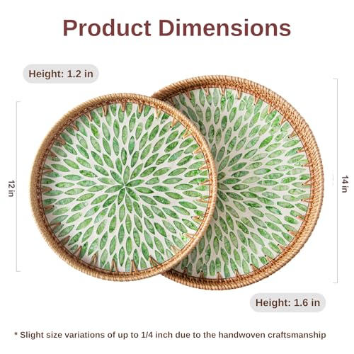 14 inch Round Rattan Tray Home Decor, Wicker Serving Tray with Mother of Pearl Inlay, Boho Decorative Tray for Coffee Table, Display, Ottoman, Kitchen Table, Bathroom (Green) - color: Green Leaf, size: 14 inch