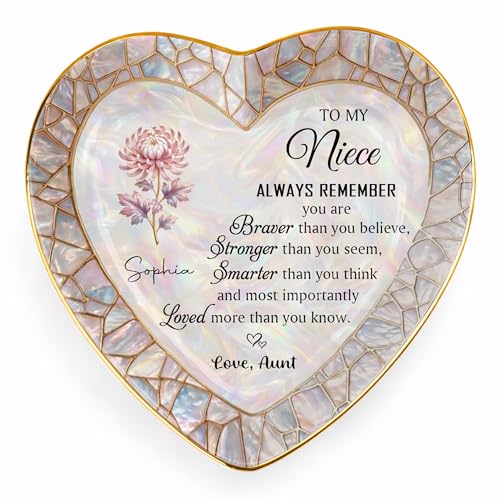 Personalized Niece Jewelry Dish Gift from Aunt, Heart Trinket-Dish with Custom Birth Flower, “Always Remember You Are Braver Stronger Smarter Loved” Inspirational Ceramic Ring Keepsake - color: Niece 054