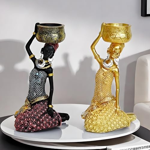 2 Pack African Women Sculpture,6.5in Black Tribal Lady Figure Figurine Candle Holder African American Women Statue Collectible Art Crafts Home Centerpieces Tabletop Ornaments Decoration Candleholder - color: B 2 Pack