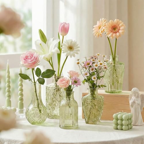 Glass Bud Vases in Bulk Set of 17, Green Small Mini Vases for Flowers, Vintage Vase for Centepiece,Wedding, Table Decor, Baby Shower, Christmas, Home and Events - color: Green