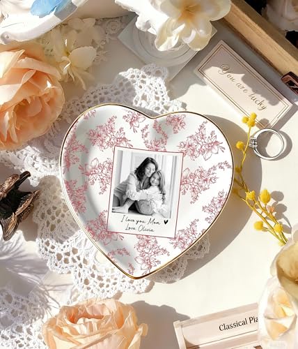 Custom Photo Jewelry Dish Heart Shaped Ceramic Ring Holder Toile de Jouy Decorative Trinket Tray Personalized Picture Keepsake Bowl Mother Day Present for Mommy Grandma Wife Daughter Her Birthday - color: Design 05
