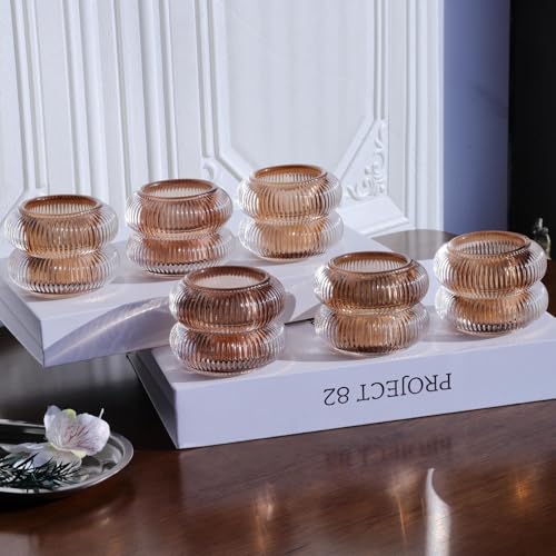 Woho Ribbed Votive Candle Holders Set of 6 for Wedding Table, Amber Tealight Candle Holder Glass for Home Decor, Vintage Tea Lights Candle Holder for Thanksgiving/Fall Decor(Brown, 2.1" H X 2.75" D) - color: Brown