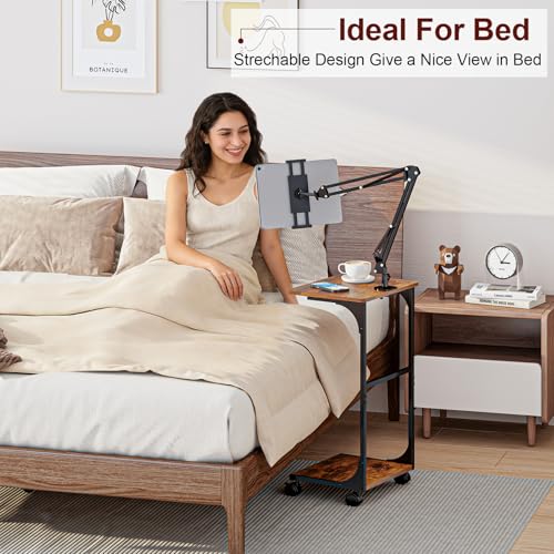 Floor Kindle Tablet iPad Stand with 2-Tier Storage Shelves,Angle Height Adjustable iPad Tablet Kindle Holder for Bed with 360-Degree Rotating Wheels, Compatible with 4.7"-13" Kindle Cell Phone iPhone - size: 11.4"D x 15.4"W x 56.4"H