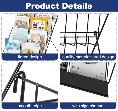 6 Tier Wire Countertop Racks,18" Wide Metal Book Display Rack Magazine Rack with Sign Channel,Foldable Retail Vendor Booth Display Stand for Greeting Card,Brochure,Art Print,CD,Craft,Comic