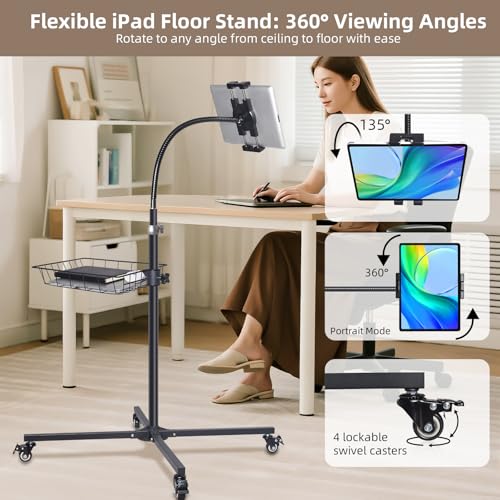 Premium Rolling Tablet Floor Stand with Heavy Duty Industrial Wheels & Storage Basket, Tall Adjustable iPad Stand Floor on Wheels, Universal Mount Holder for iPad Pro, Air, Mini, Phone