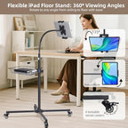Premium Rolling Tablet Floor Stand with Heavy Duty Industrial Wheels & Storage Basket, Tall Adjustable iPad Stand Floor on Wheels, Universal Mount Holder for iPad Pro, Air, Mini, Phone