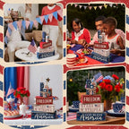 CroBlissful 4 Pcs 4th of July Decorations Patriotic Memorial Day Tabletop Decorations Red White Blue Table Centerpieces Sign for Office Tiered Tray Home Shelf 250th Anniversary(Freedom) - style: Freedom