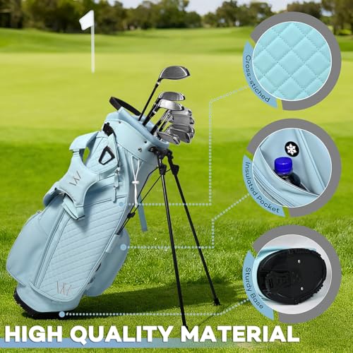 Luxury Womens Golf Bag, PU Leather Golf Stand Bag for Women/Ladies, 14-Way Full-Length Top Dividers, Ultra Lightweight, Large Pockets for Accessories - color: Powder Blue