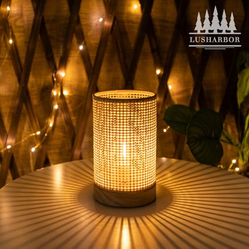LUSHARBOR Battery Operated Lamp Boho Rattan Table Lamp with Timer, Battery Powered Lamp Bedside Cordless Accent Lamp for Livingroom/Entryway/Tabletop Decor Beige - style: LATTICE