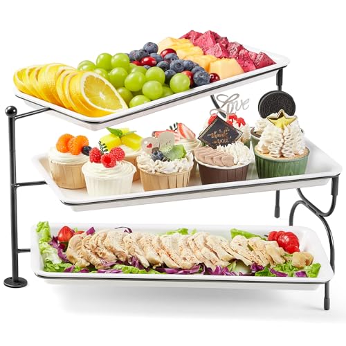 Lifewit 3 Tier Serving Tray, 36 x 17 cm/14 x 6.5" White Plastic Tiered Food Serving Platters, Rotating Tiered Tray Stand for Party with Black Collapsible Metal Stand, Dessert Table Stands for Cookies - size: 14" x 6.5", style: Rotatable