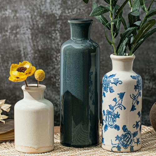 Vintage Ceramic Flower Vase Set of 3, Rustic Farmhouse Vase for Home Decor, Distressed Decorative Vase for Table Entryway Mantel Centerpiece Living Room Bathroom Bedroom (Blue and White) - color: 102-blue and White