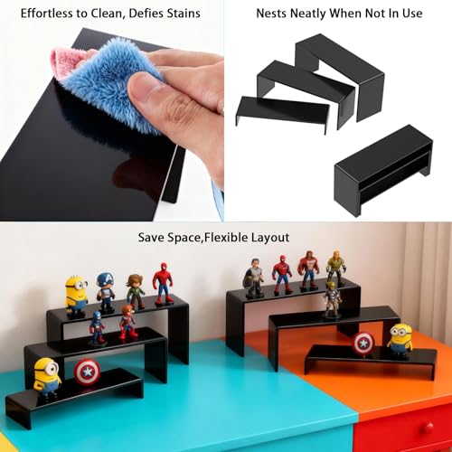 6 PCs Risers Display Stands 3 Tiers Desktop Acrylic Shelves Cake Dessert Holder Products Stand for Collectibles Shoes Jewels Pop Figure （Black） - color: Black