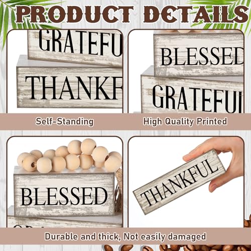 4 Pcs Farmhouse Wooden Tabletop Decor Neutral Farmhouse Tiered Tray Decor Rustic Retro Wood Bead Garland Blessed Grateful Thankful Block Sign Centerpiece for Coffee Home Office Shelf Mantle Table - style: Blessed