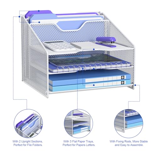 Samstar White Desk File Organizer, Mesh Letter File Folder Holder with 3 Paper Trays and 2 Vertical Upright Section, for Office Supplies, Desk Accessories & Workspace, White - color: 1 Pack White