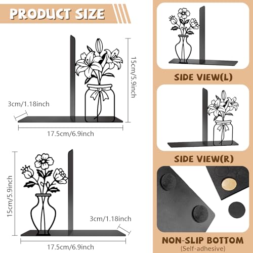 Metal Flower Book Ends Flower Vase Bookends Decorative Book Ends for Shelves Bookshelf Home Office Desk Bookshelf Decor Gift for Reading Enthusiasts - style: Flower Decorative Bookends