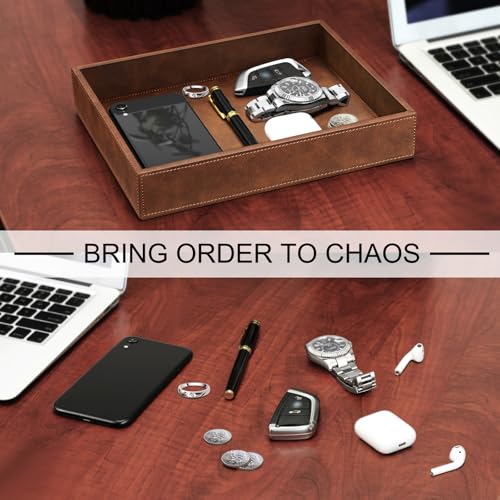 SITHON Valet Tray Desk Organizer, PU Leather Catchall Bedside Vanity Tray Nightstand Caddy Coin Box Key Jewelry Storage Organizer, Valentine's Day Gift, Brown - color: Brown