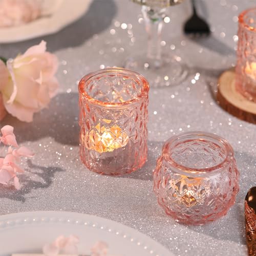 DARJEN Pink Votive Candle Holders Set of 24- Round Glass Candle Holders Bulk for Flameless LED Tea Waxes, Romantic Candle Holder for Wedding & Various Parties, Home Table Decor - color: Pink, size: 24 Pcs