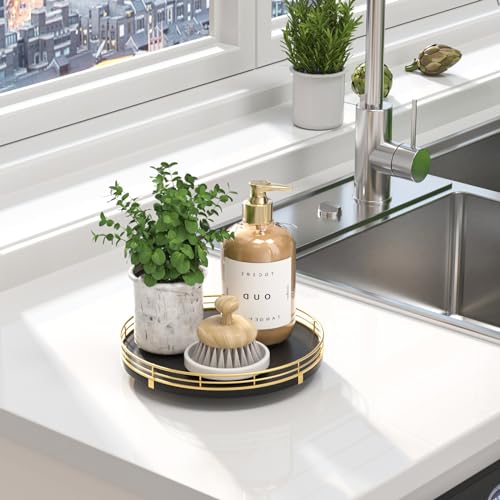 9" Oak Wood Bathroom Tray for Counter, Vanity Tray for Perfume Lotion Candle Makeup Jewelry Sink Soap Holder Turntable Dresser Organizer Countertop Coffee Table Decor Organization and Storage Gold - color: Gold Black, size: 9