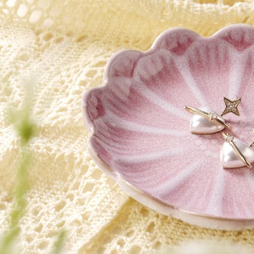 Lotus Ring Holder Dish Small Indoor Ash Tray, Ceramic Dessert Plate Trinket Jewelry Holder Organizing Necklace Earrings for Parents Friends Sister, Pink. All Jewelries Are NOT Included. - color: Pink-Round