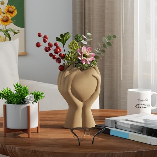 8 Inch Heart Hand White Ceramic Vase - Unique Modern Aesthetic Flowers Vase for Living Room Bedroom Office Kitchen Table Centerpiece or Shelf Decor - Gifts for Wedding Bridal Shower Women Mom (Brown) - color: Brown