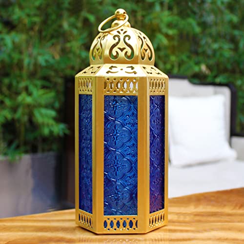 CVHOMEDECO. Decorative Candle Lantern Moroccan Lanterns Vintage Golden Metal Lantern Holder for Home Patio Outdoor Decor. Cobalt Glass, Medium - color: Cobalt G