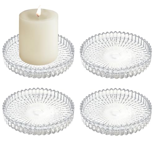 3.8 Inch Clear Glass Pillar Candle Holder Plates Set of 4 Coaster Holder Round Candle Stand for Table Centerpieces, Wedding,Party,and Home Decor - color: Clear