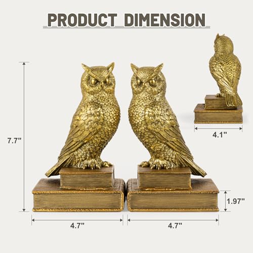 Decorative Owl Bookends, Book Ends for Shelves, Vintage Resin Bookends with Anti-Slip Base for Books Lovers Home Office Decor Book Holder (Gold) - color: Gold