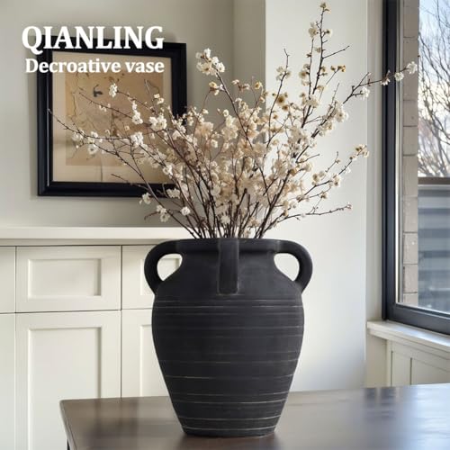 Handmade Large Black Vase - 10" Tall Terracotta Vases with 4 Ear Design, Wide Mouth Vintage Vases, Rustic Antique Decor Matte Black Ceramic Vase for Home Decor, Living Room, Table, Fireplace Decor - color: Black, size: Large