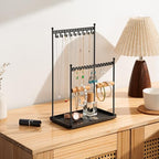3 Tier Black Jewelry Stand, Necklace Organizer, Earring Holder with 44 Holes and 9 Hooks, for Necklaces, Bracelets, Rings - color: Black