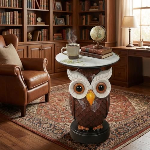 Artistic 3D Owl Sculpture End Table with Faux Marble Top,from Odorless Resin, Multi-Functional Accent Table for Living Room, Entryway, Stable Scratch-Resistant Design, No-Tool Assembly - color: Red Owl