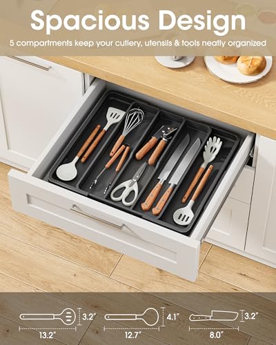 Aujen Silverware Organizer - Expandable Kitchen Drawer Organizer, Adjustable Utensil Organizer, Cutlery Tray for Forks, Knives, Multipurpose Kitchen Organizers and Storage Solution, Black, X-Large - color: Black, size: X-Large