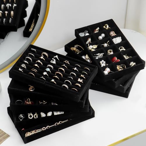 SPAKOWN Jewelry Drawer Organizer Inserts Set of 9, Jewelry Trays for Drawers Velvet Jewelry Organizer Tray Drawer Jewelry Organizers and Storage for Earring Ring Necklace Watch Bracelet (Black) - color: Black