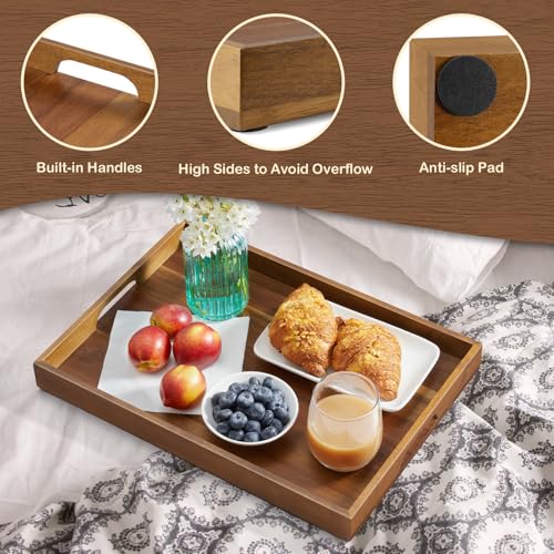 17 Inch Acacia Wood Serving Tray with Handles, Large Wooden Tray for Ottoman, Breakfast in Bed, Coffee Table, Dinner, Perfect for Living Room Bedroom Entryway and Kitchen - color: Acacia, size: 12" x 1.6" x 17"
