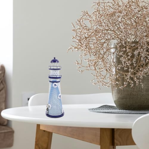 Amosfun Nautical Lighthouse Candle Holder Metal Tea Light Stand Mediterranean Desk Decor with Large Round Holes for Home Office Table Display
