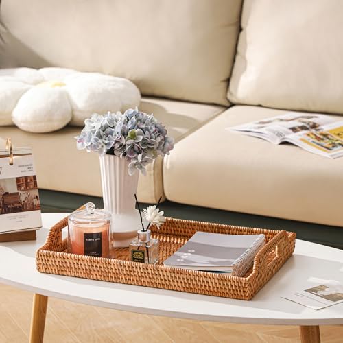 17'' Rattan Serving Tray Rectangle with Handles, Vintage Wicker Table Tray for Decor, Boho Hand Woven Seagrass Coffee Table Basket Tray for Ottoman, Breakfast, Bathroom, Outdoor - size: 17" x 11.4" x 2"