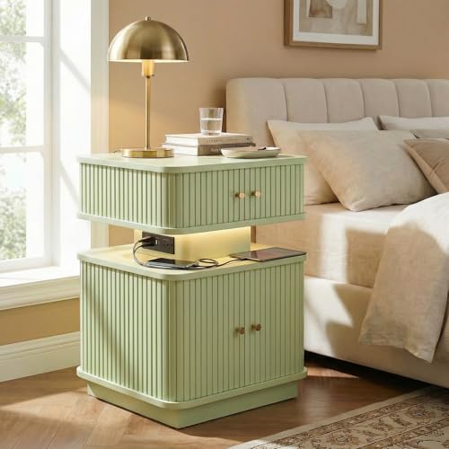 LED Light End Table with Charging Station, Green Mid Century Bedside Table with USB Type A C Ports, Small Fluted Accent TV Control Nightstand with 2 Sliding Door for Living Room, Curvy Edge - color: Green