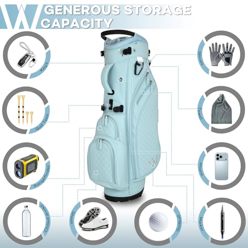 Luxury Womens Golf Bag, PU Leather Golf Stand Bag for Women/Ladies, 14-Way Full-Length Top Dividers, Ultra Lightweight, Large Pockets for Accessories - color: Powder Blue