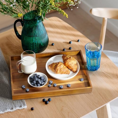 17 Inch Acacia Wood Serving Tray with Handles, Large Wooden Tray for Ottoman, Breakfast in Bed, Coffee Table, Dinner, Perfect for Living Room Bedroom Entryway and Kitchen - color: Acacia, size: 12" x 1.6" x 17"
