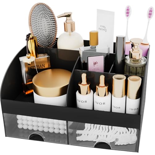 Makeup Organizer with Drawers, Cosmetic Storage for Dresser Vanity and Bathroom Countertop, Beauty Holder for Lipstick Brush, Skincare Organizer for Vanity, Cosmetic Display Case (Black) - color: Black