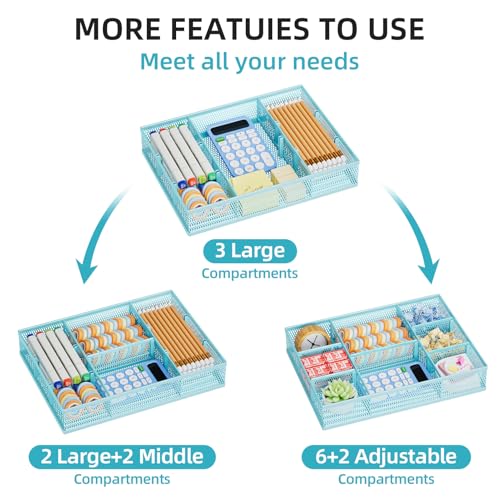 Marbrasse 2 Pack Desk Drawer Organizer, Mesh Drawer Organizer Tray with 8 Adjustable Compartments, Desk Organizers and Accessories, 5 Dividers Drawer for Office Supplies, Makeup & Vanity (Blue) - color: Blue