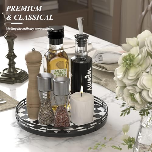 Black and White Kitchen Lazy Susan Turntable – Checkered Round Decorative Tray, 10” Table Top Oak Wood Lazy Susan for Cookies, Dining Table Organizer, Small Kitchen Table Centerpiece - color: Black & White, size: 10 inches