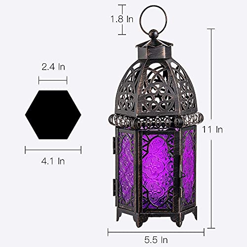 Halloween Decorations Indoor, Purple Decorative Candle Lantern for Moroccan Light Decor, 12.8’’ Vintage Metal Hanging&Tabletop Lantern, Ramadan Lantern for Home Outdoor Patio(Purple) - color: Purple - 12.8''h, size: Large